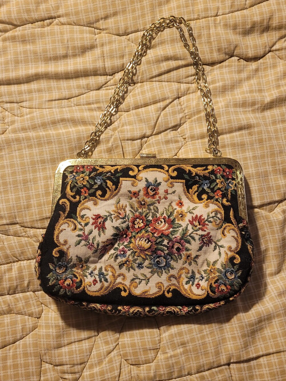 Vintage Floral Tapestry Handbag Chain Strap Gold Tone